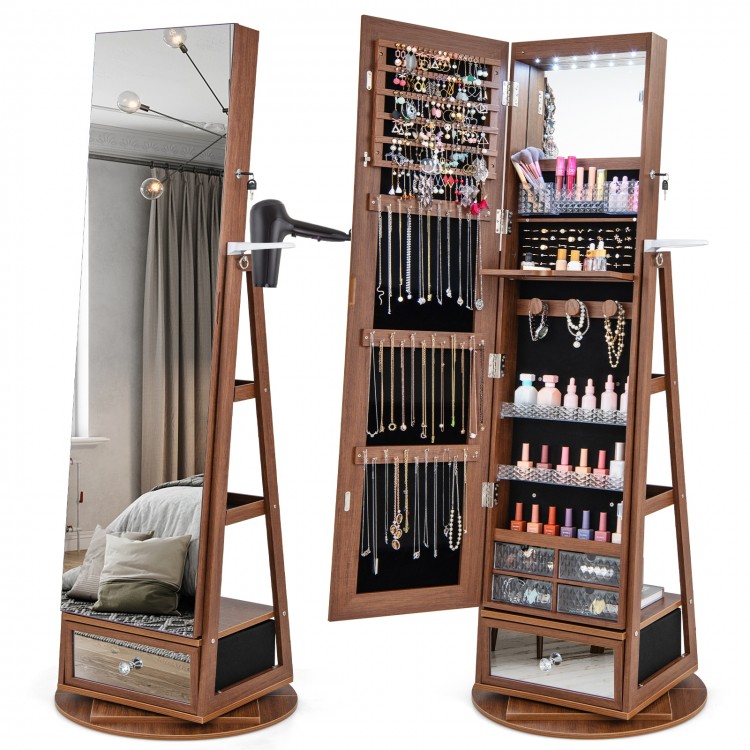 Walnut lockable jewelry cabinet with full-length mirror, LED lights, and multiple storage compartments for organization.