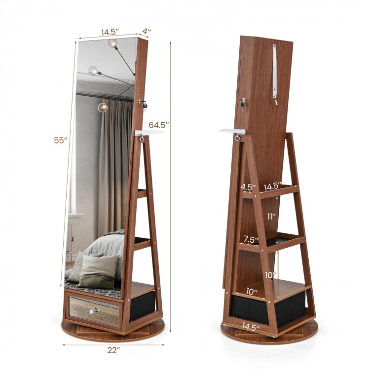 Lockable 360° swivel jewelry cabinet with full-length mirror, walnut finish, featuring LED lights and multiple storage.