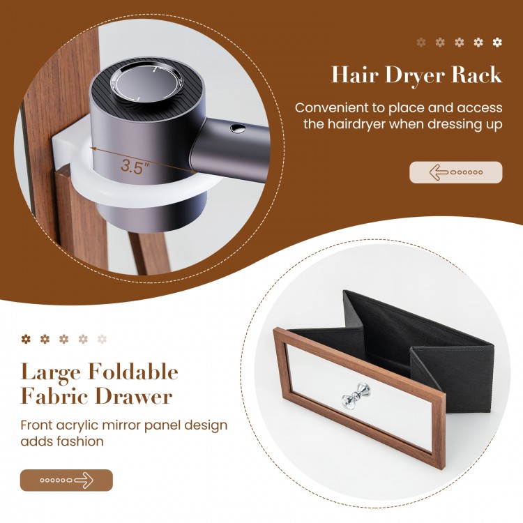 Lockable jewelry cabinet with full-length mirror, hair dryer rack, and foldable drawer for organized storage.