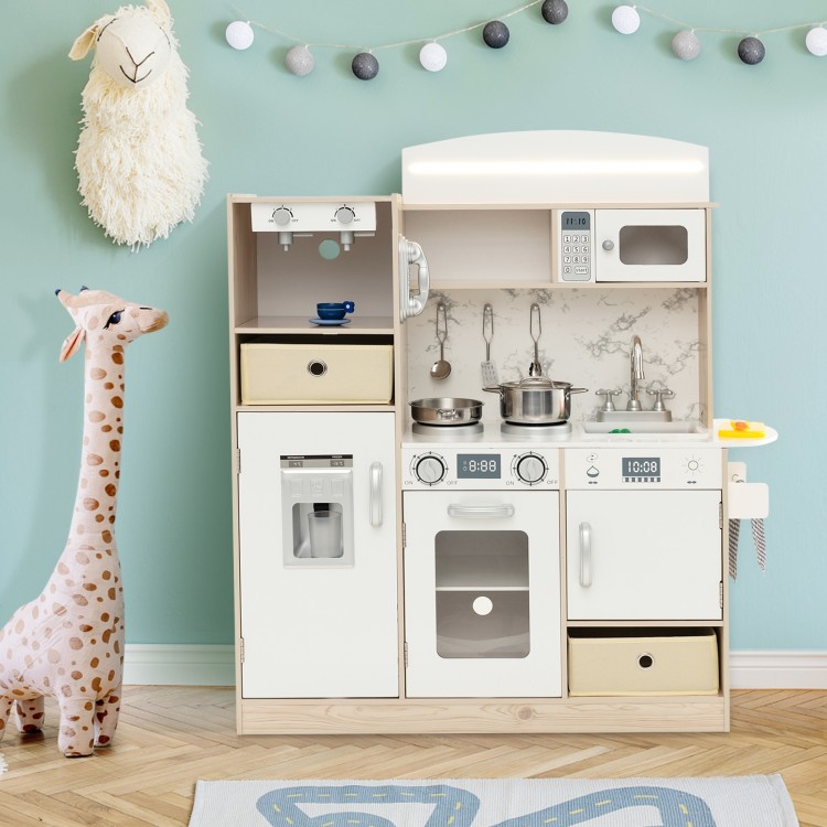 Kids kitchen playset in white with LED lights, removable sink, and storage bins for imaginative play and organization.