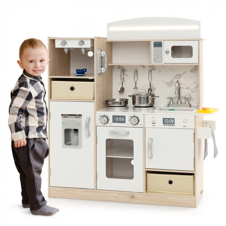 Kids kitchen playset in white with LED lights, removable sink, and various cooking accessories for imaginative play.