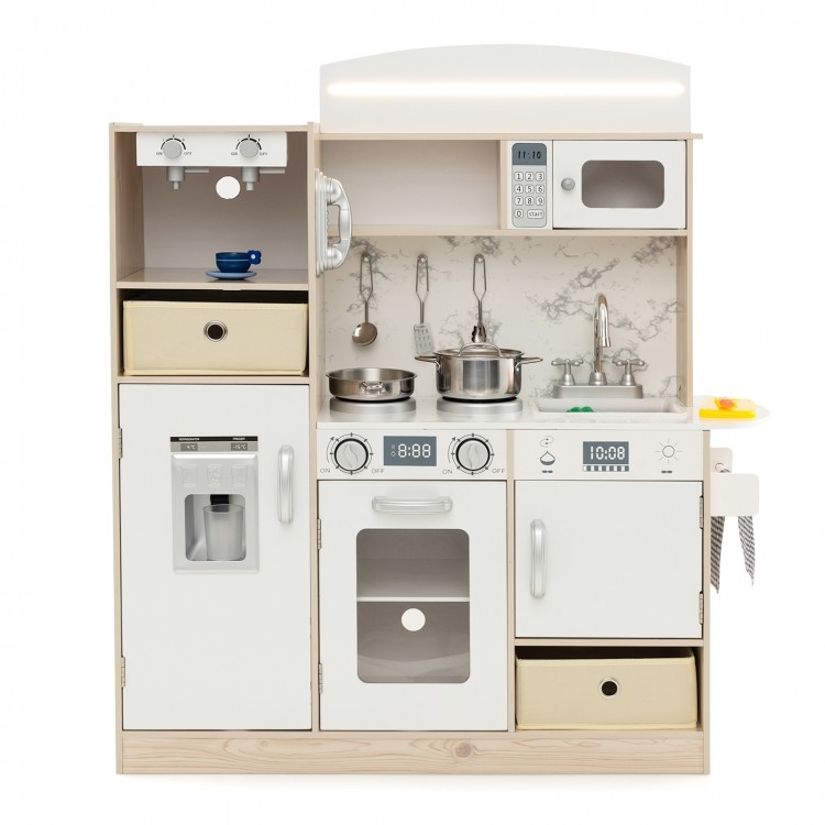 Kids kitchen playset in white with LED lights, removable sink, coffee maker, and ample storage for imaginative play.