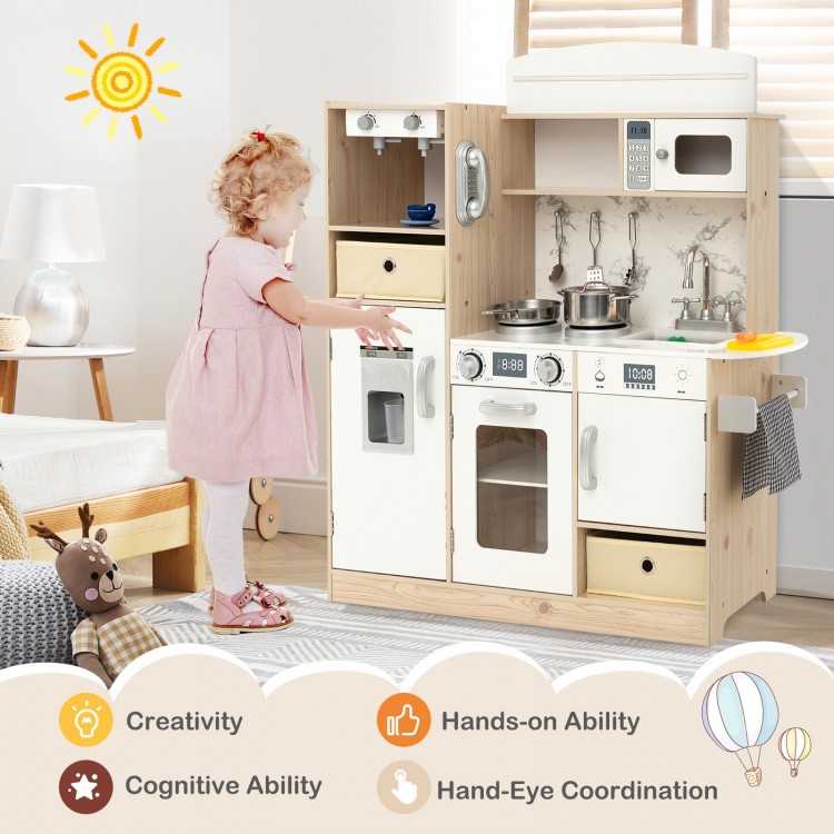 Kids kitchen playset in white with LED lights, removable bins, and various accessories for imaginative play and skill.