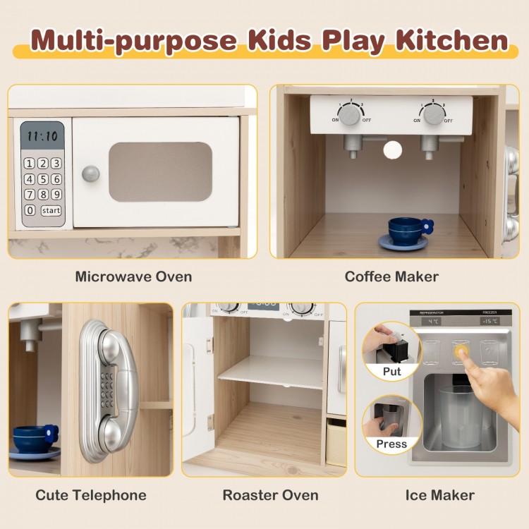 Kids kitchen playset featuring a microwave, coffee maker, and ice maker with LED lights for interactive play.