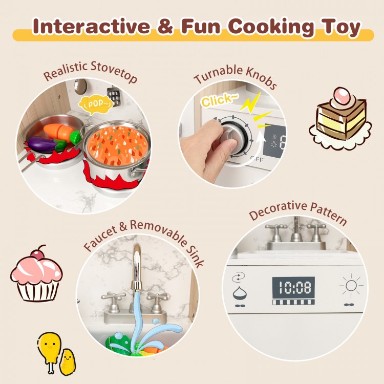 Kids kitchen playset featuring a removable sink, adjustable LED lights, and interactive stove with rotary knobs for fun.