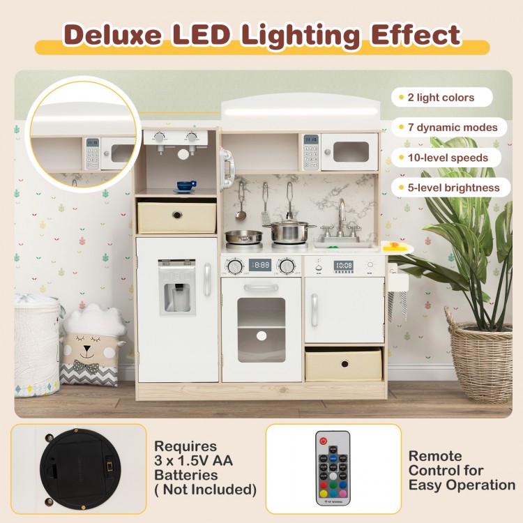 Kids kitchen playset in white with LED lights, removable bins, and various accessories for imaginative play.