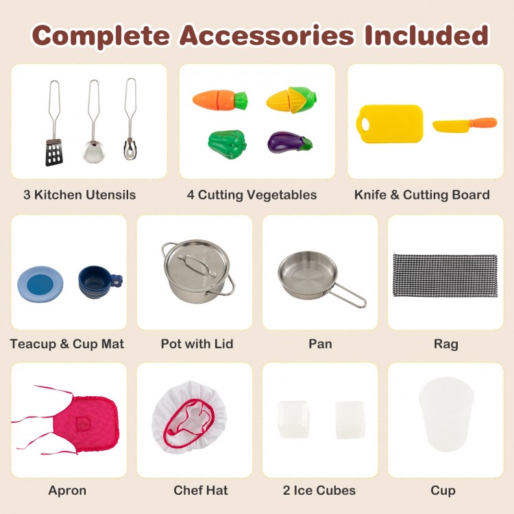 Kids kitchen playset accessories including utensils, cutting vegetables, and a pot for imaginative cooking fun.