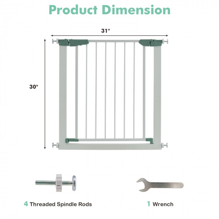 30-32.5 inch wide safety gate with 30 inch height, featuring pressure mounting for quick setup and rust-proof materials.