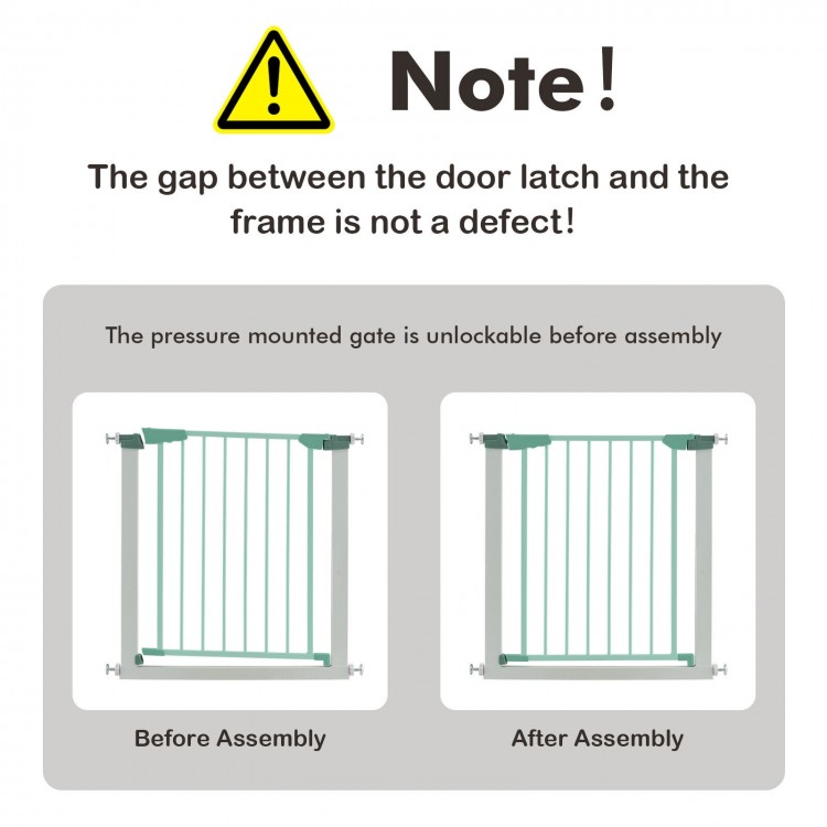 Pressure mounted safety gate shown before and after assembly, suitable for 30-32.5" door widths, ideal for kids and.