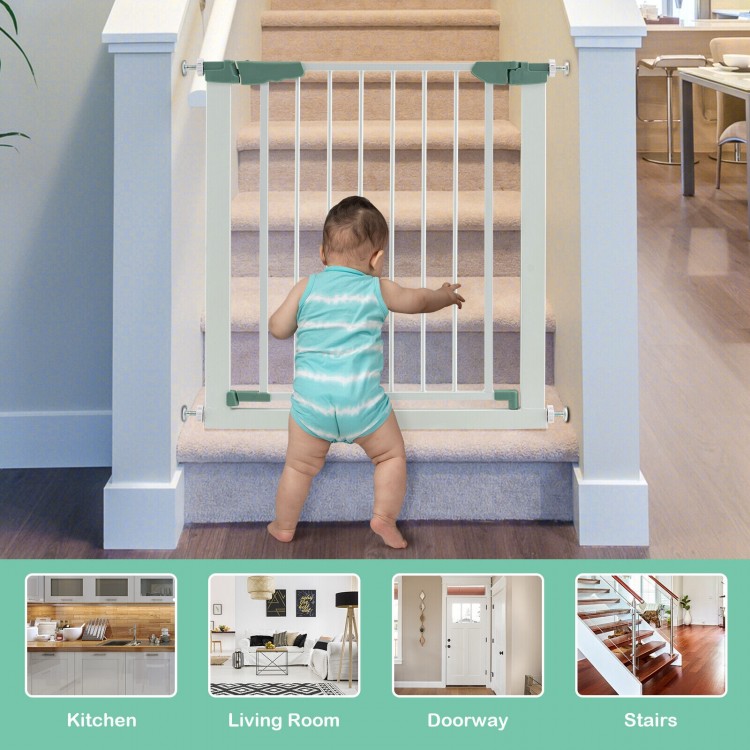 Safety gate for baby and pets, 30-32.5" wide, pressure mounted, shown at stairs for added protection.