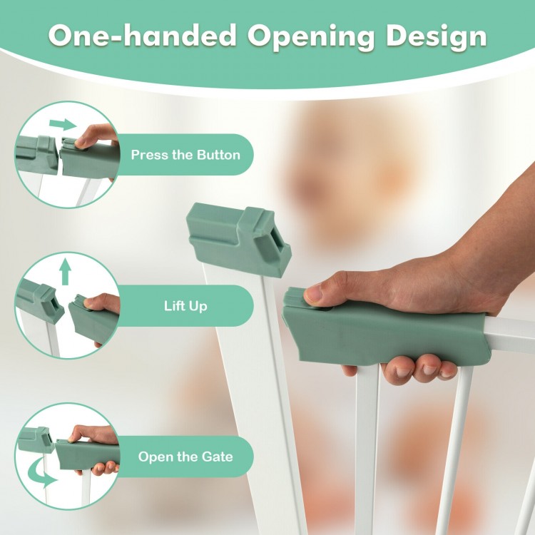 One-handed opening design of the 30-32.5 inch wide safety gate in white, ideal for baby and pet safety.