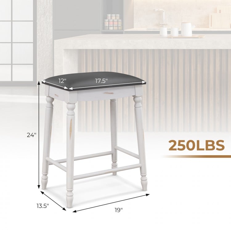 24-inch bar stool with padded seat, wood legs, and antiqued surface, perfect for kitchen or dining room use.