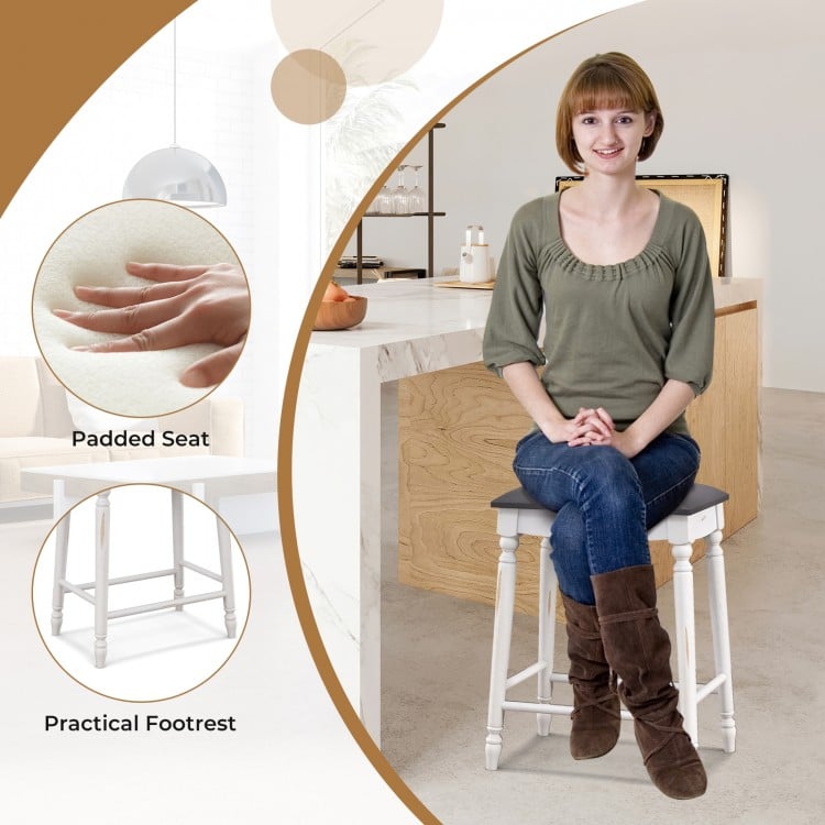24-inch bar stool with padded seat and wood legs, featuring a backless design for easy storage in dining or bar.