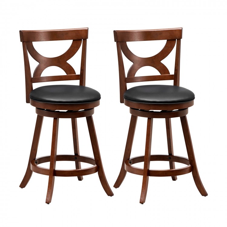 Set of 2 24-inch swivel bar stools with soft cushion and elegant hollow backrest, perfect for kitchen or dining use.