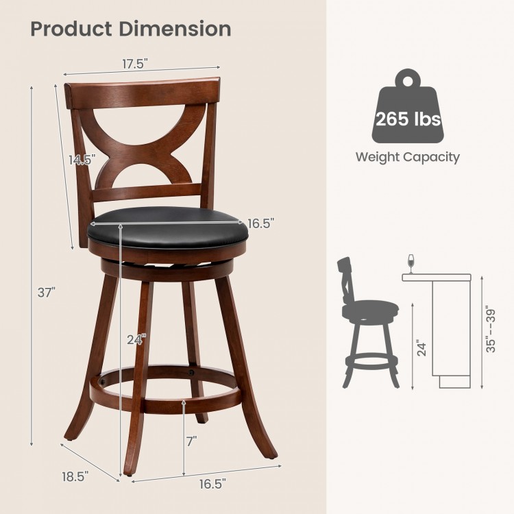 24-inch swivel bar stool with soft cushion, elegant hollow backrest, and sturdy wood legs for kitchen or dining use.