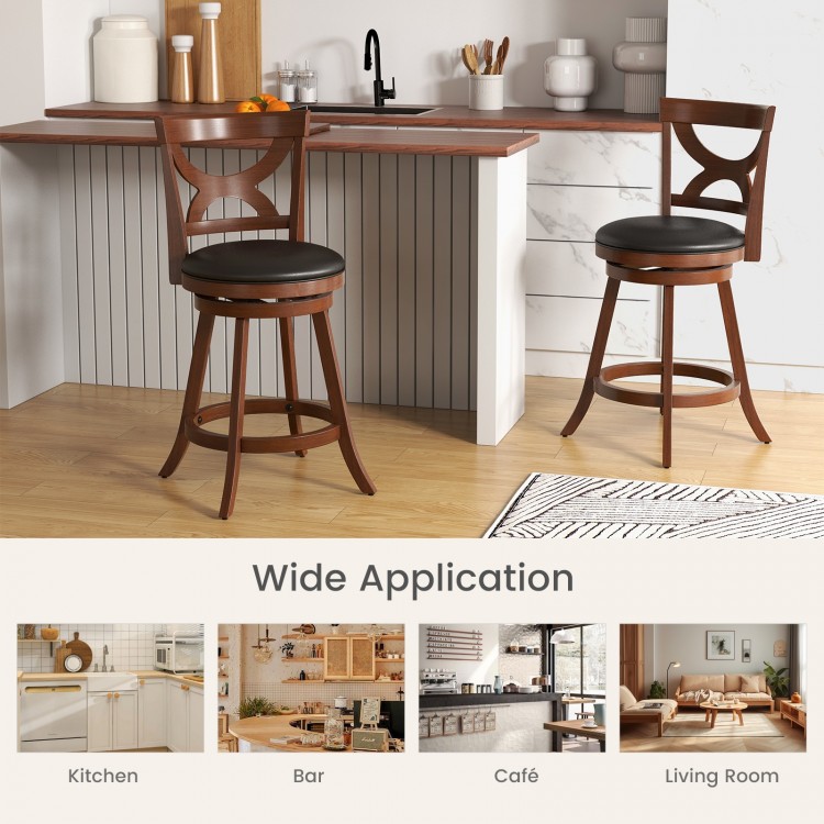Set of 2 24-inch swivel bar stools with soft cushions and elegant hollow backrests, perfect for kitchen or café use.