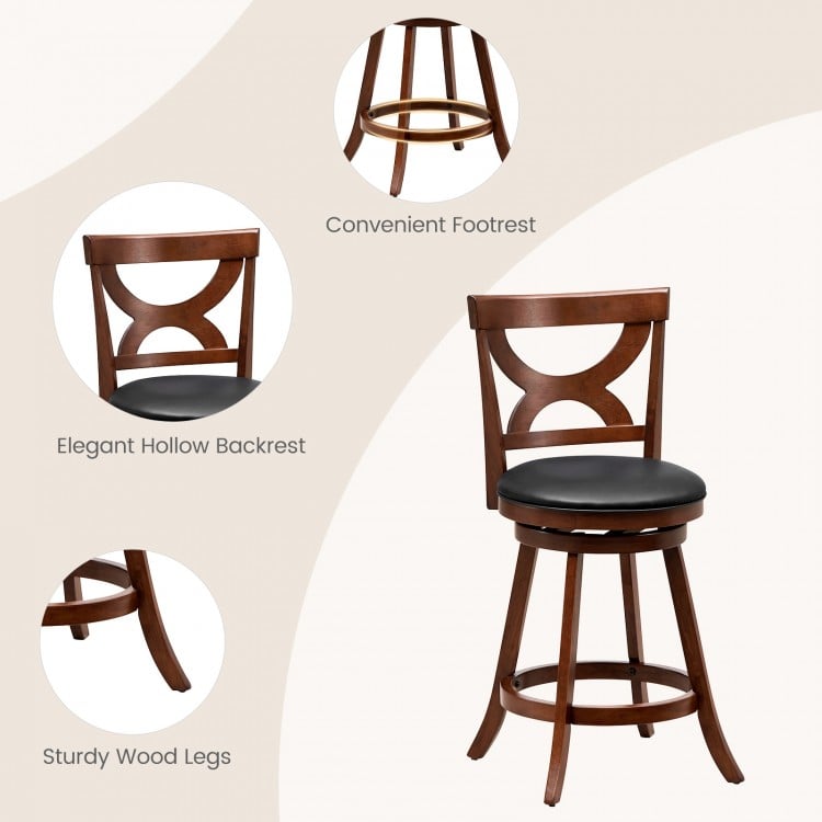 24-inch swivel bar stool with elegant hollow backrest, soft cushion, and sturdy wood legs for kitchen or bar use.