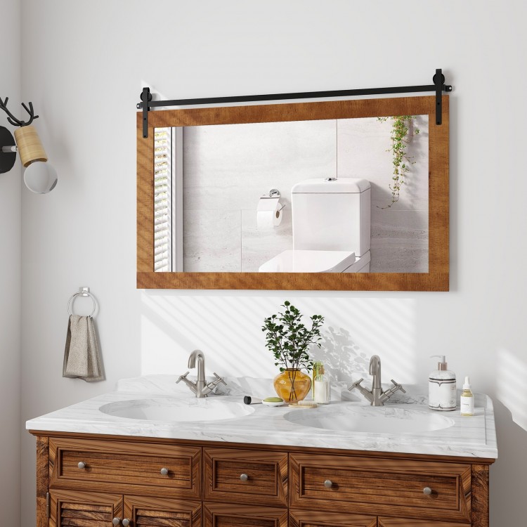 Rectangle barn door style wall-mounted mirror with solid wood frame and metal bracket, perfect for bathrooms and living.