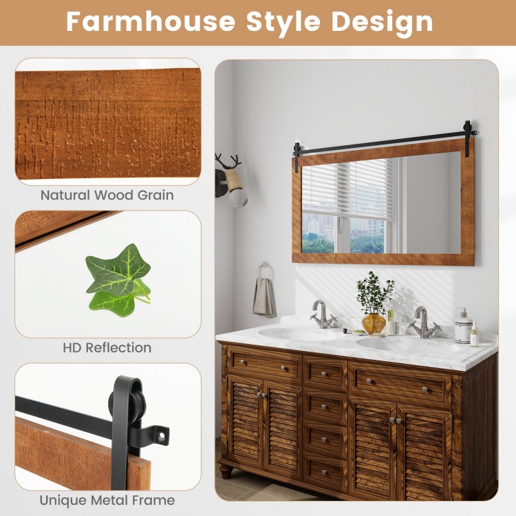 Rectangle barn door style wall-mounted mirror with solid wood frame and metal bracket, ideal for farmhouse decor.