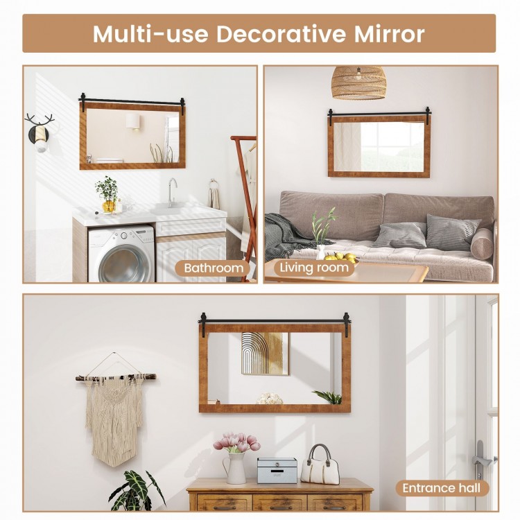 Rectangle barn door style wall mounted mirror with solid wood frame, ideal for bathrooms, living rooms, and entryways.