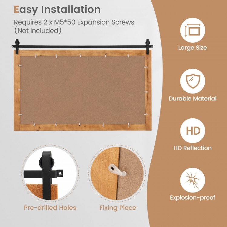 Rectangle barn door style wall mounted mirror with solid wood frame, HD reflection, and pre-drilled holes for easy.