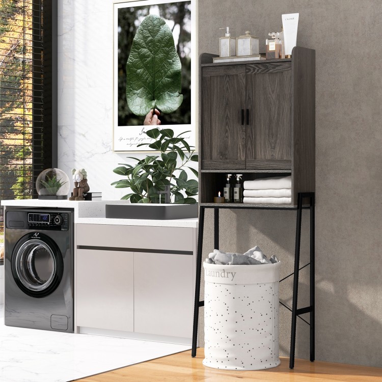 Over the toilet storage cabinet in gray with double doors and adjustable shelves, perfect for bathroom organization.