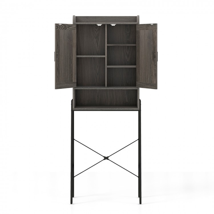 Over the toilet storage cabinet in gray with double doors, adjustable shelves, and a stable trapezoid metal frame.