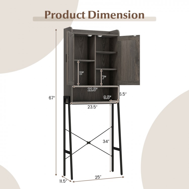 Over the toilet storage cabinet in gray with adjustable shelves and double doors, ideal for bathroom organization.