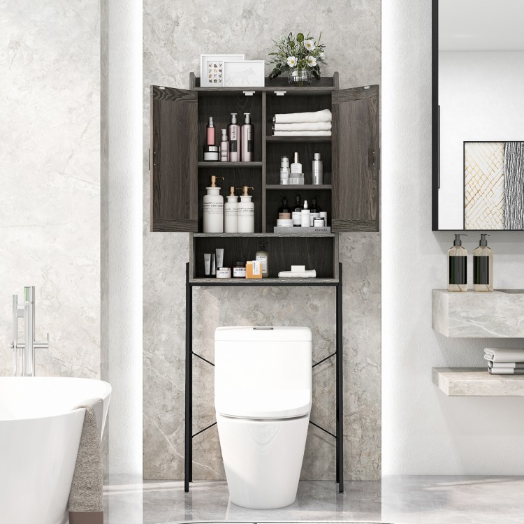 Over the toilet storage cabinet featuring a gray finish, magnetic door catches, and a farmhouse design for stylish.