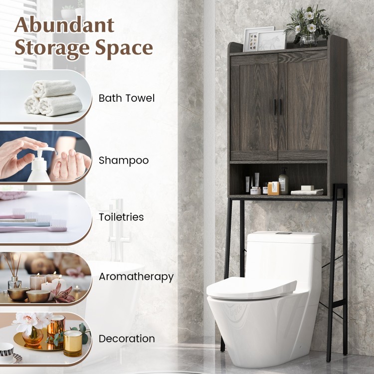 Over the toilet storage cabinet in gray showcasing a stylish farmhouse design, ideal for maximizing bathroom space.