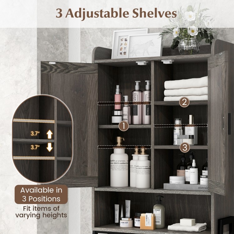 Over the toilet storage cabinet with adjustable shelves, gray finish, ideal for organizing bathroom supplies.