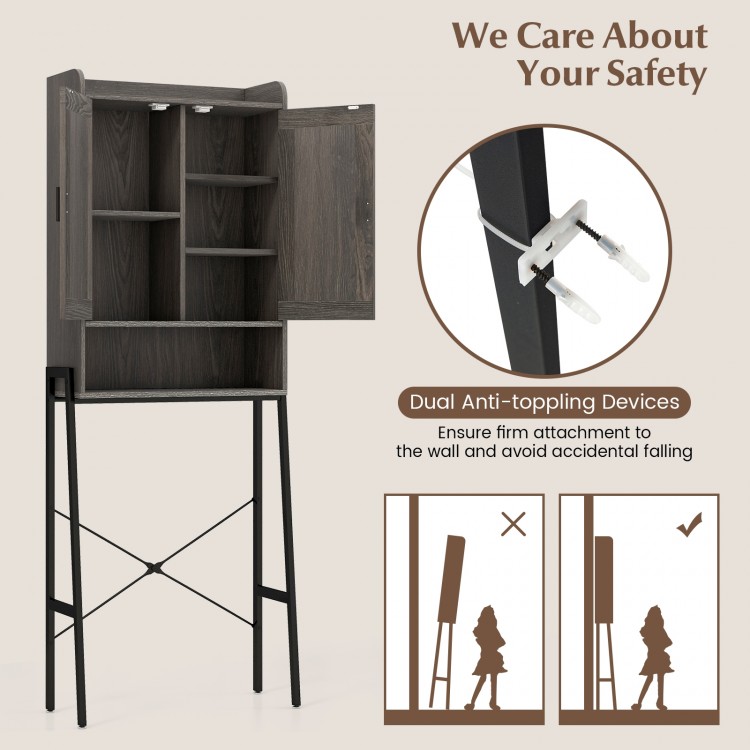 Over the toilet storage cabinet in gray with double doors, adjustable shelves, and anti-toppling devices for bathroom.