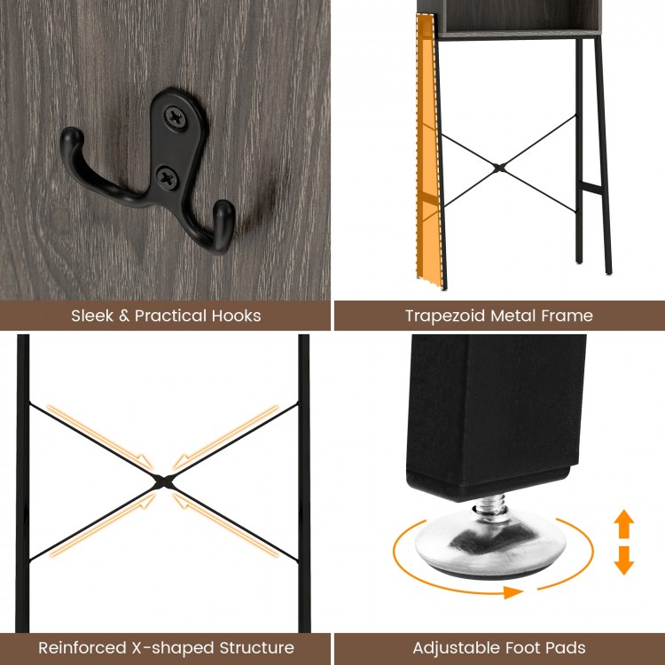 Over the toilet storage cabinet with adjustable shelves, sleek hooks, and trapezoid metal frame for bathroom.