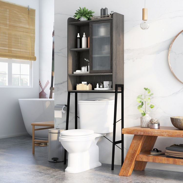 Over the toilet storage cabinet in gray with adjustable shelves and sliding acrylic door for organized bathroom storage.
