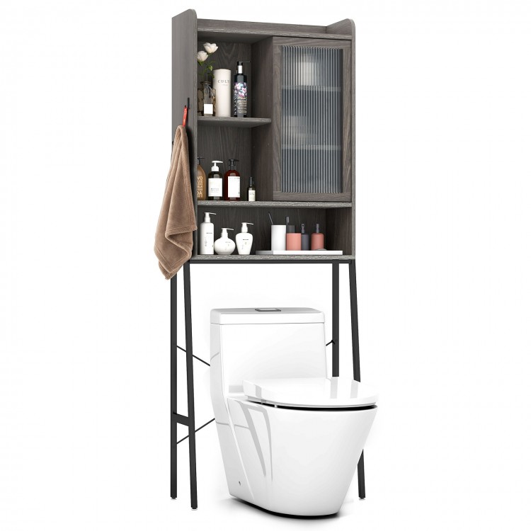 Over the toilet storage cabinet in gray with sliding acrylic door, adjustable shelves, and farmhouse design for.