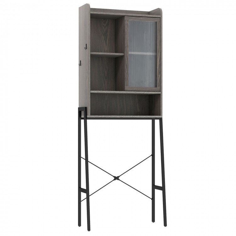 Over the toilet storage cabinet featuring a gray finish, practical hooks, and a stylish farmhouse design for added.