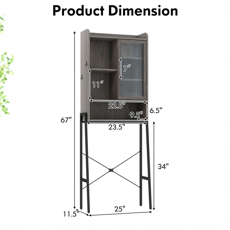 Over the Toilet Storage Cabinet dimensions with adjustable shelves, gray finish, and sliding acrylic door for bathroom.