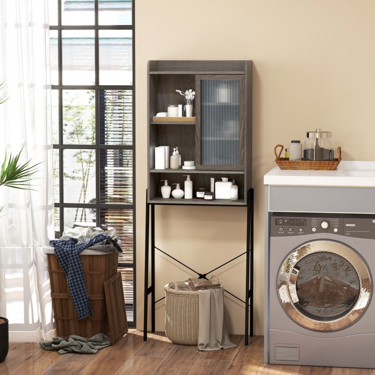 Over the toilet storage cabinet in gray with sliding acrylic door and adjustable shelves for organized bathroom items.