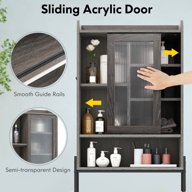 Over the toilet storage cabinet in gray with sliding acrylic door, adjustable shelves, and smooth guide rails for.
