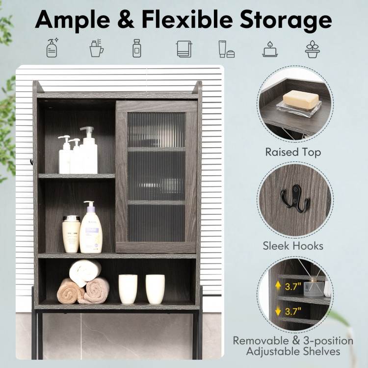 Over the toilet storage cabinet in gray showcasing raised top shelf and sleek hooks for additional bathroom.