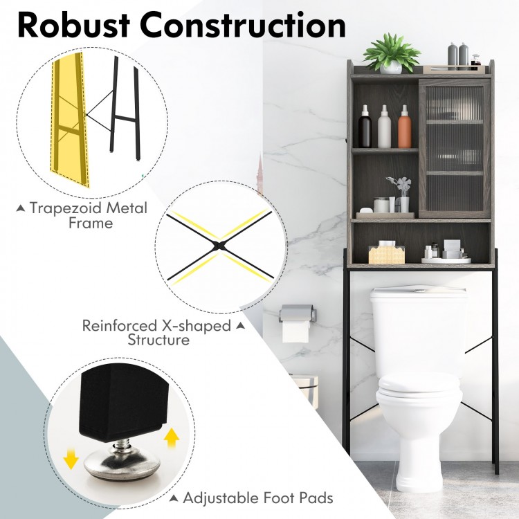 Over the toilet storage cabinet in gray with adjustable shelves, sliding acrylic door, and robust trapezoid metal frame.