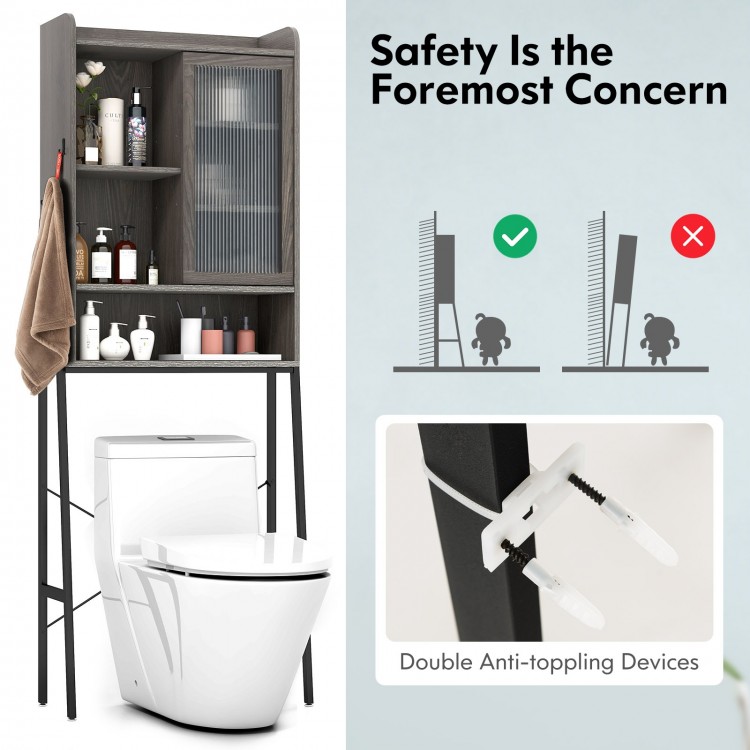 Over the toilet storage cabinet in gray with sliding acrylic door, adjustable shelves, and anti-toppling devices for.