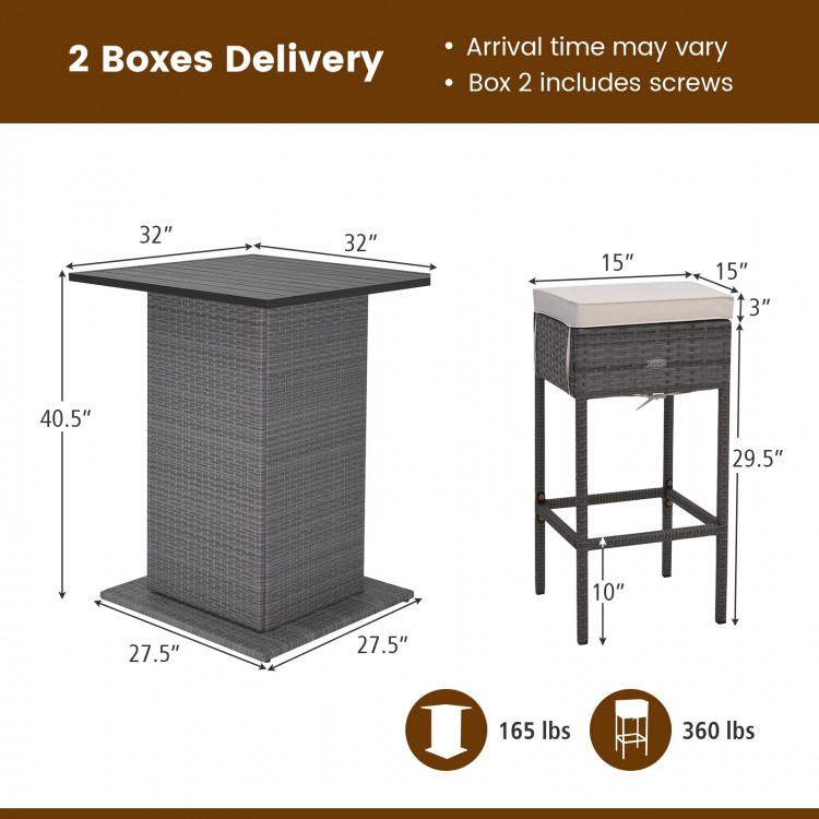 Outdoor wicker bar table set with hidden storage shelves, ergonomic footrest, and soft cushions for backyard relaxation.