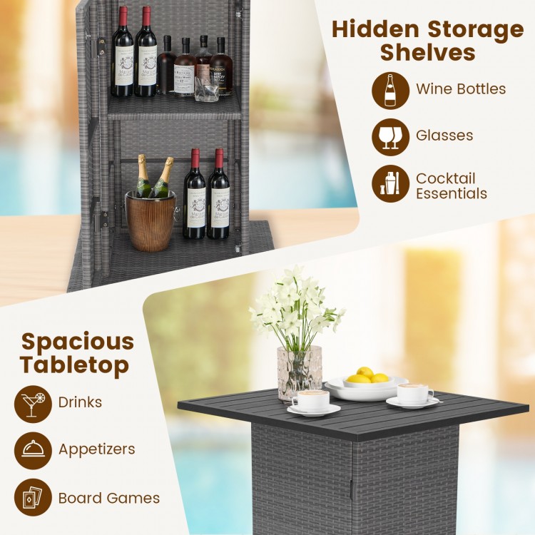 Outdoor wicker bar table set featuring hidden storage shelves, spacious tabletop, and ergonomic footrest for backyard.