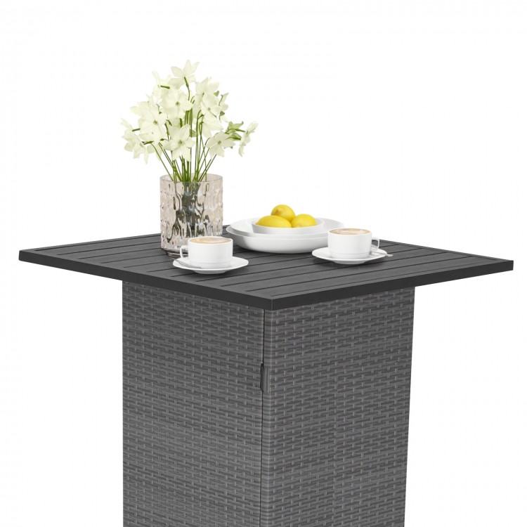 Outdoor wicker bar table set featuring a hidden storage shelf, perfect for backyard or patio use with a stylish design.