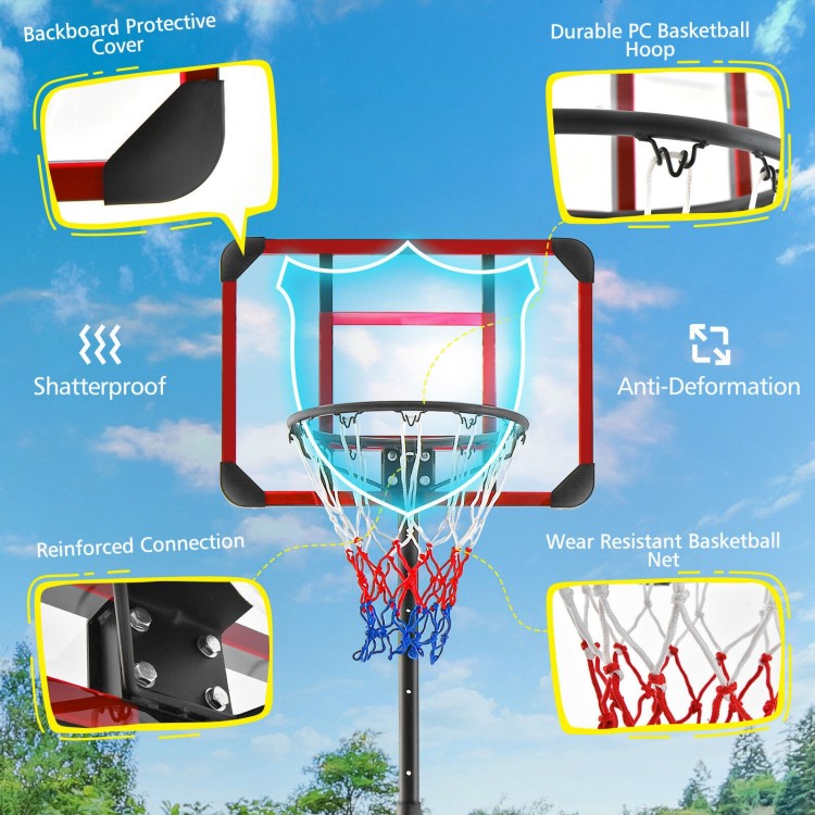 Close-up of the Basketball Hoop Stand features, including shatterproof backboard and anti-deformation hoop for outdoor.