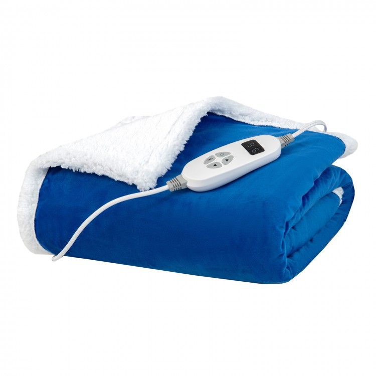 Heated electric blanket throw in blue with soft velvet and sherpa fleece, featuring 10 heat levels and LED controller.