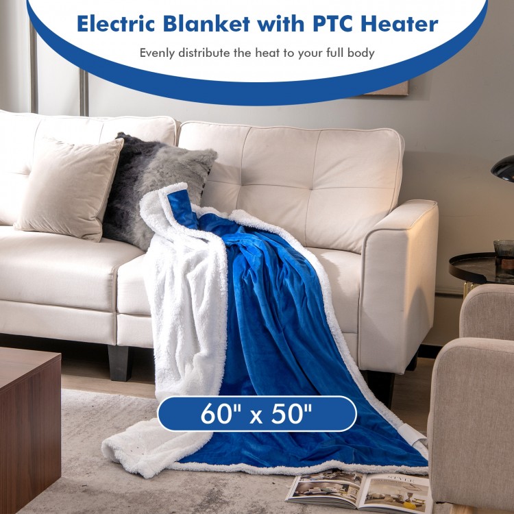 Heated electric blanket throw in blue, 60" x 50", featuring soft velvet, 10 heat levels, and PTC heater for even warmth.