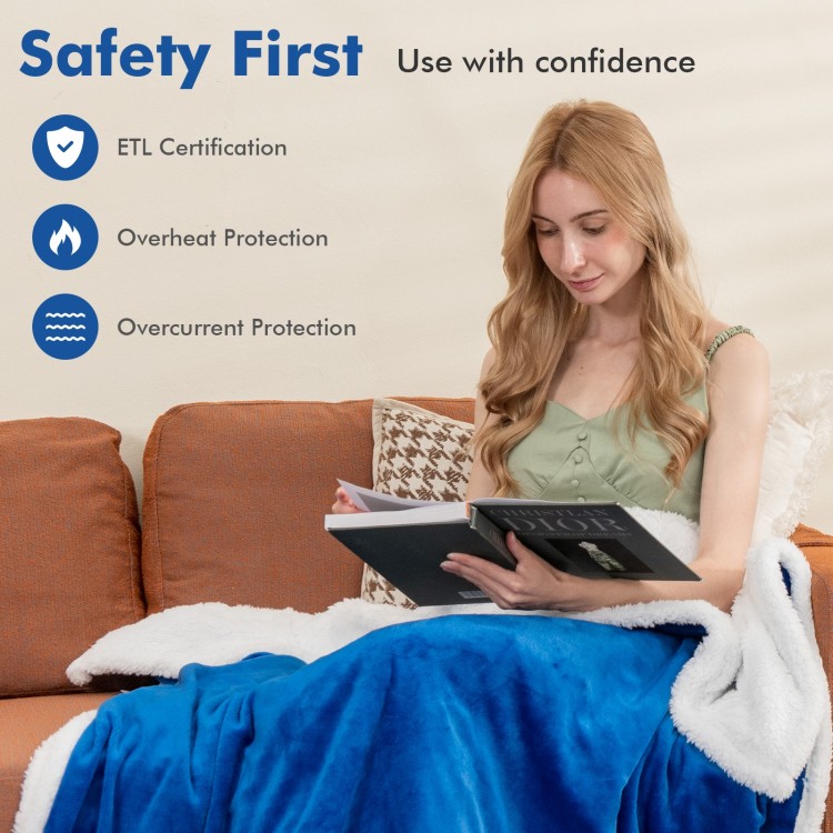 Heated electric blanket throw in blue with soft velvet and sherpa fleece, featuring 10 heat levels for comfort.