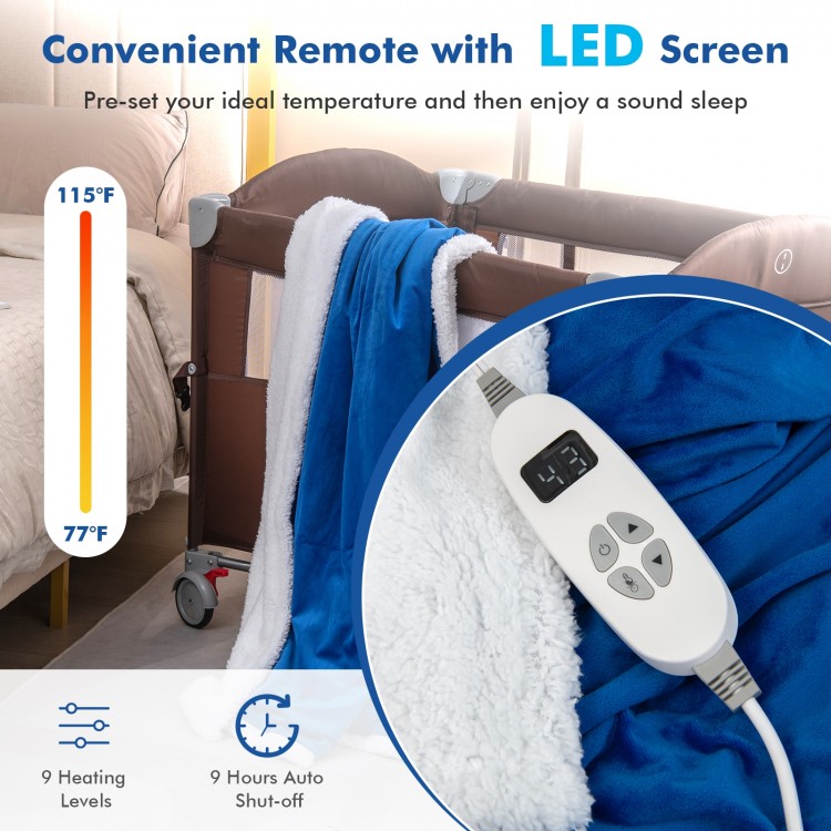 Heated electric blanket throw in blue with LED remote, featuring 10 heat levels and soft velvet for comfort.